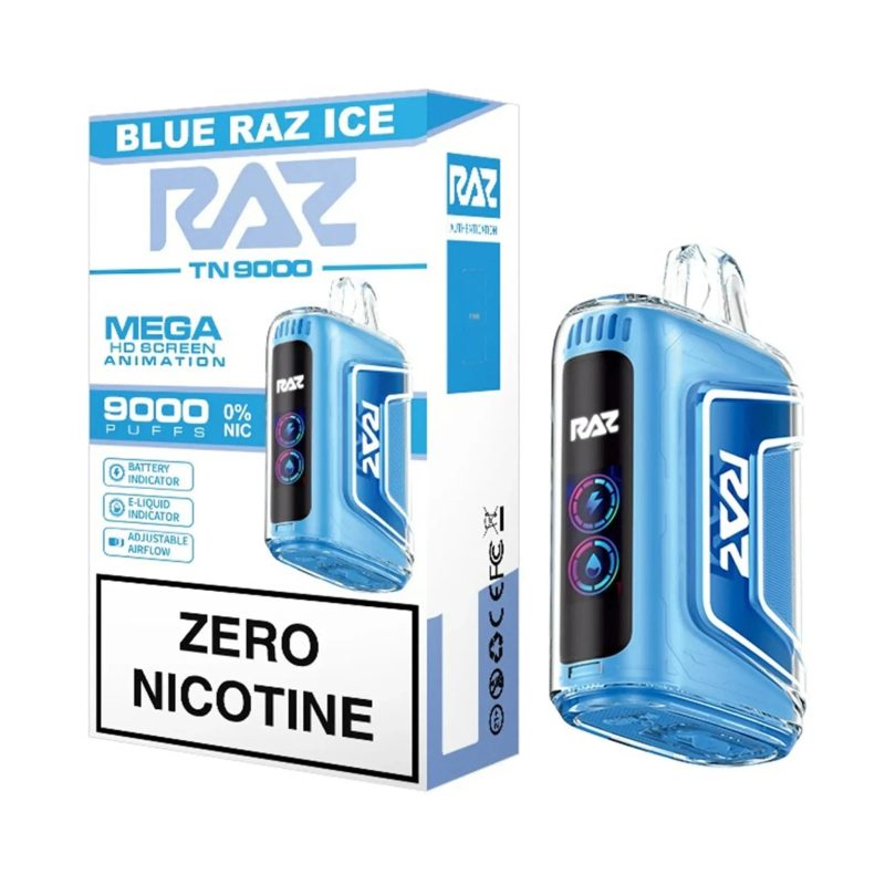 blue razz ice flavored raz tn9000 zero nicotine vape