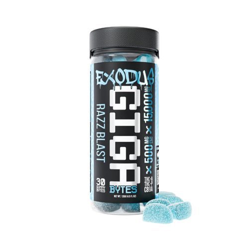 Exodus Thc-A + Thc-P + Cb9a Gigabytes Gummies 15,000mg Razz Blast flavor, tangy and vibrant.