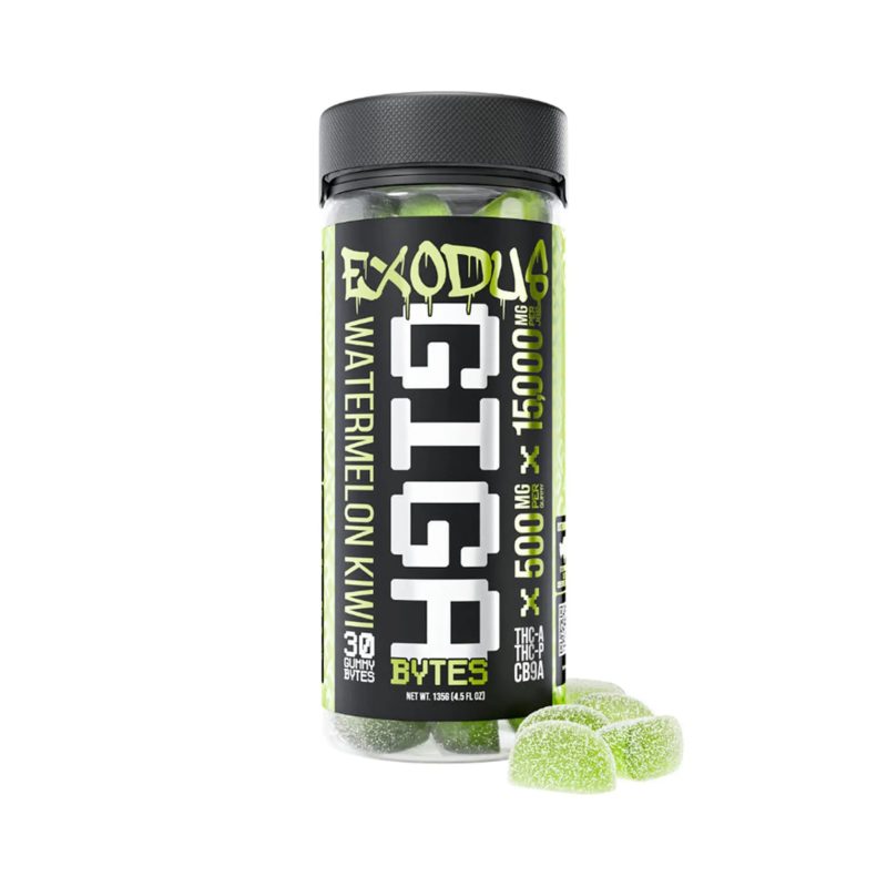 Exodus Thc-A + Thc-P + Cb9a Gigabytes Gummies 15,000mg Watermelon Kiwi flavor, juicy and refreshing.