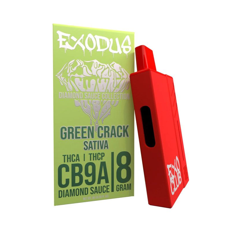 Exodus THC-A Disposable Vape with Green Crack flavor, potent earthy blend with bright citrus notes.