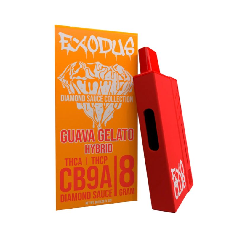 Exodus THC-A Disposable Vape featuring Guava Gelato flavor, a smooth fusion of tropical guava and creamy gelato.