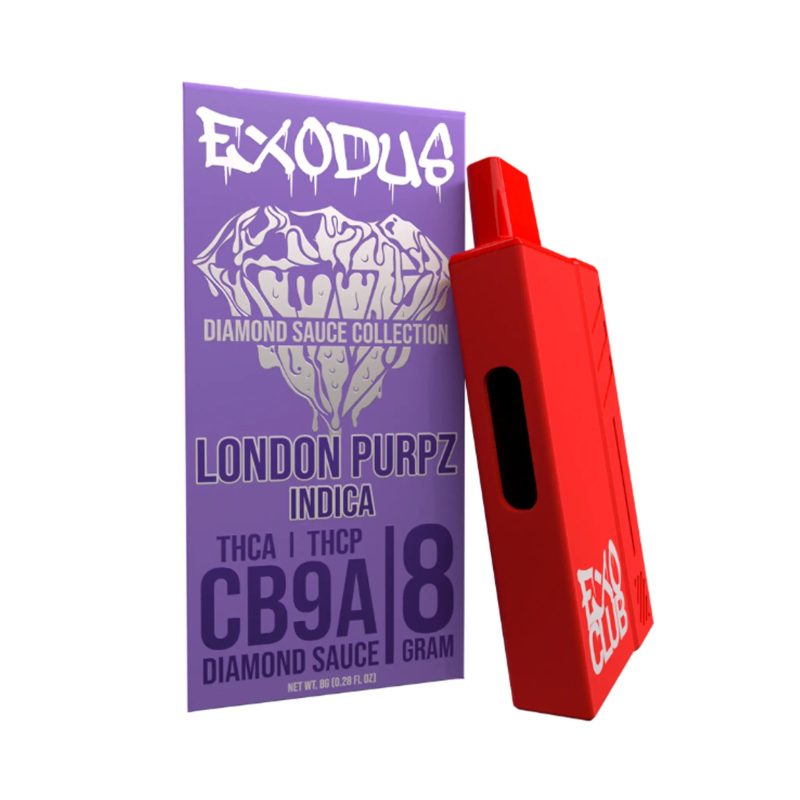 Exodus THC-A Disposable Vape in London Purpz flavor, rich earthy undertones blended with sweet berry notes.