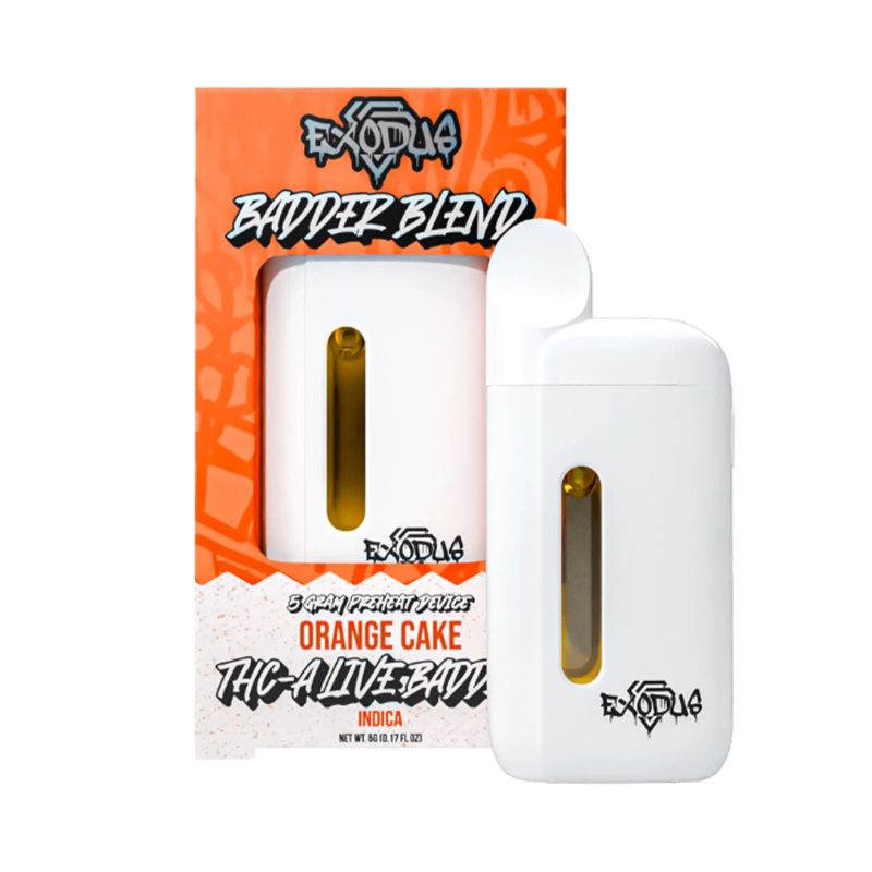 Exodus THC-A Disposable Vape in Orange Cake flavor, zesty orange combined with creamy cake notes.