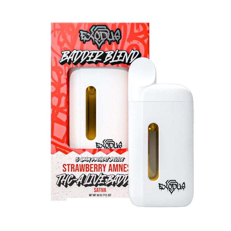 Exodus THC-A Disposable Vape in Strawberry Amnesia flavor, sweet strawberries with an earthy twist.