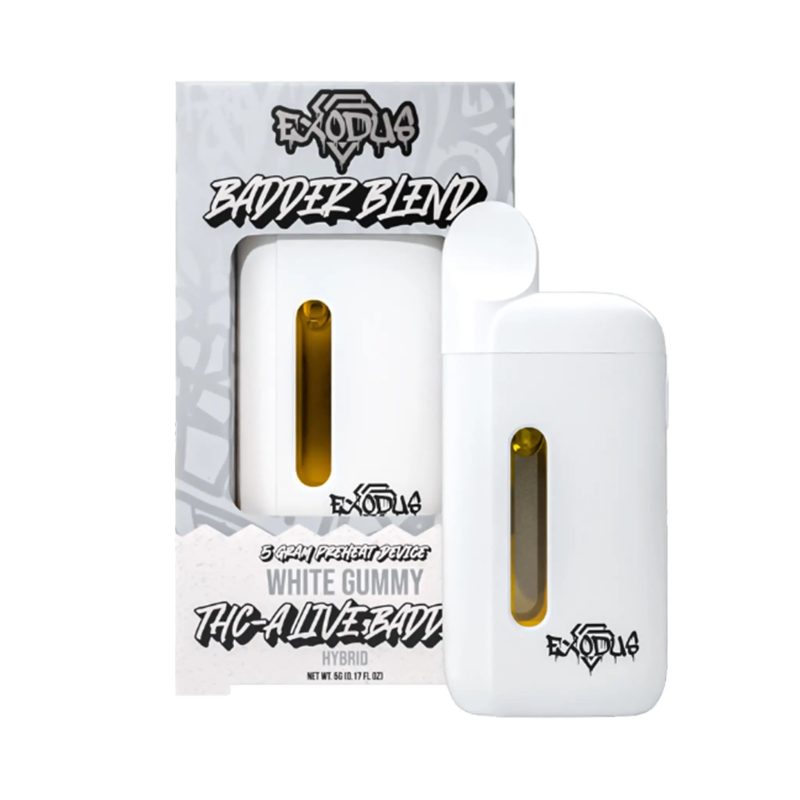 Exodus THC-A Disposable Vape in White Gummy flavor, gummy candy taste with tropical fruit hints.